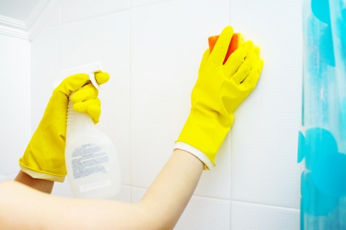 Close-up of oven racks and trays being deep cleaned by an oven cleaning specialist